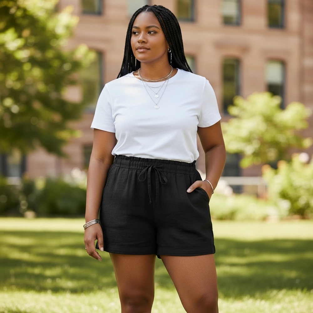 Old Navy Black Linen Blend Drawstring Elastic Waist Women's Pull On Shorts